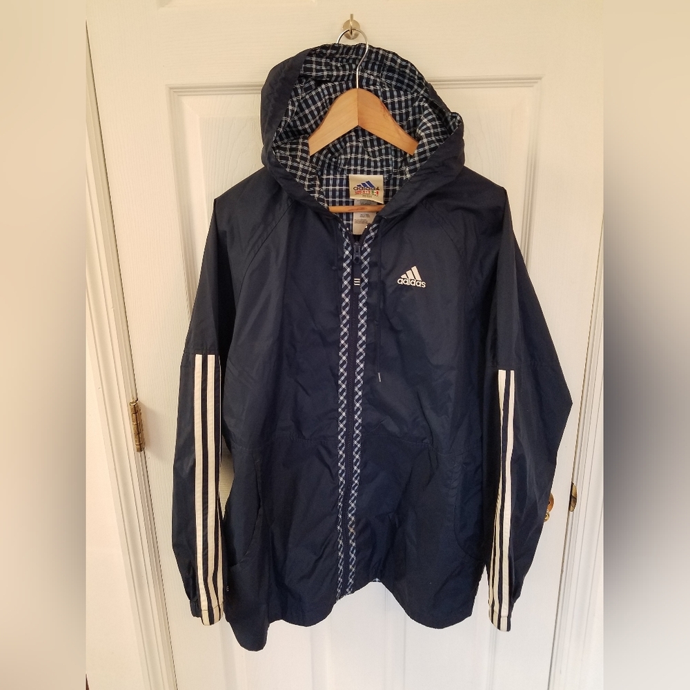 Adidas Women's Nylon Windbreaker Hoodie  Jacket Plaid  Trim  Blue  Size Large
